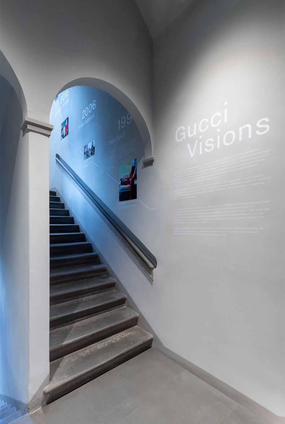 Staircase of Gucci Garden with description of the exhibition